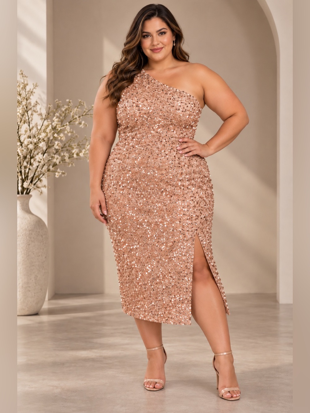 SHEIN Curve 1XL Rose Gold Sequin One Shoulder Dress